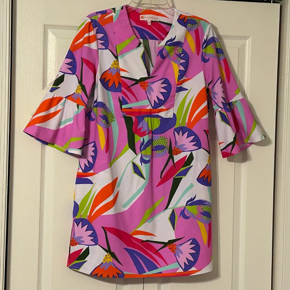 JUDE CONNALLY Sz S Multi-Color Floral Bell Sleeves Kerry Shift Dress w/ Pockets